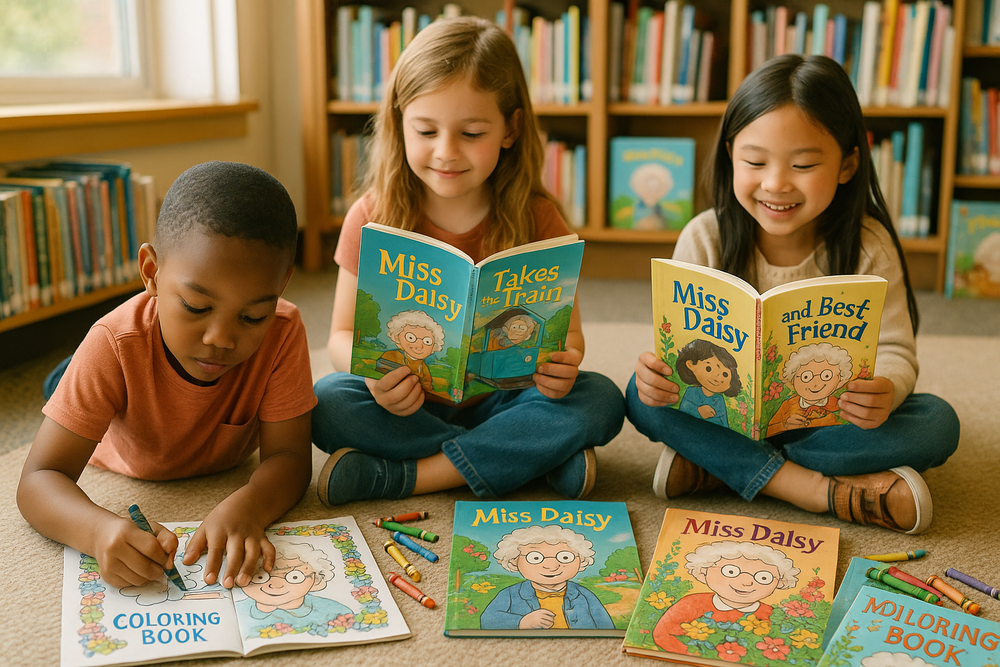 Large image of Miss Daisy books with kids reading or coloring. make it more real and less AI